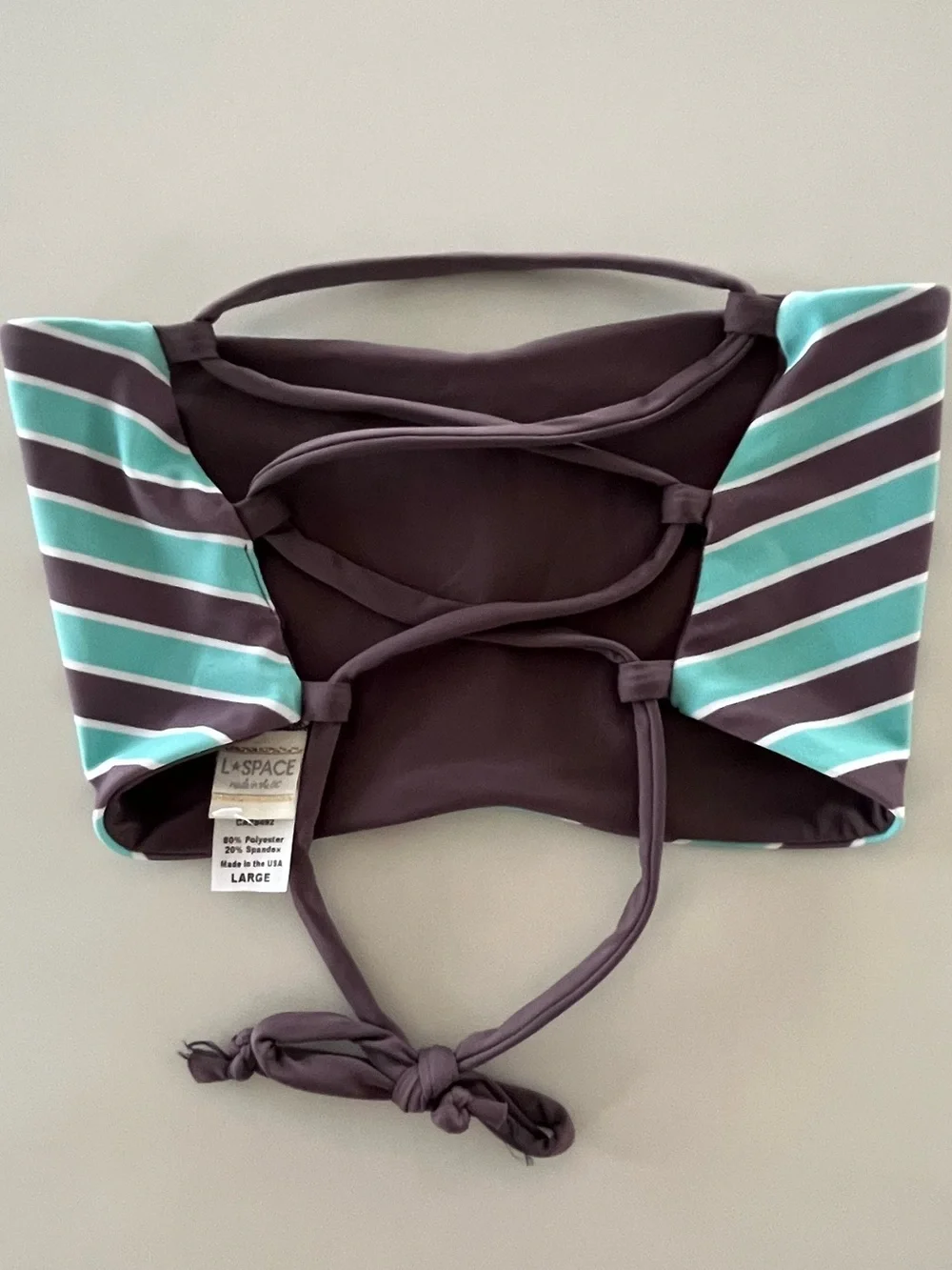L*SPACE Reversible Striped Aqua Pool & Pebble Lace-Up Bandeau Bikini Top L NWOT